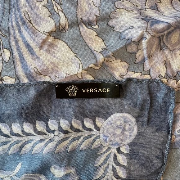 Versace 100% Silk Chiffon 52” Scarf Shawl in blue & lavender | Authentic, EUC - Picture 5 of 13
